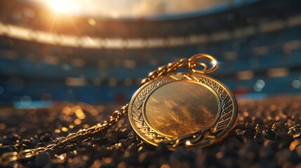 A gold medal lies on the ground of a stadium, with the sun setting in the background.  The medal represents victory and achievement.