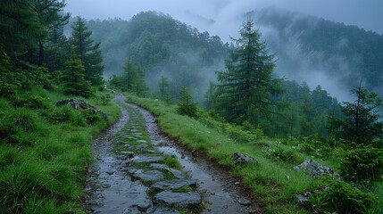 Fototapeta premium A meditative moment on a rain-soaked mountain path, the mist and rain blending together to create a serene landscape