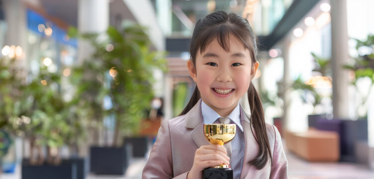 Asian girl in school uniform suit holds her gold trophy high, representing success and recognition in her academic endeavors.