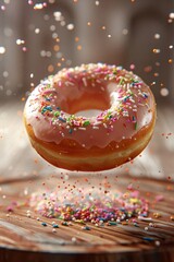 A delicious donut with pink icing and colorful sprinkles appears to float, surrounded by scattered sprinkles for a fun, whimsical effect.