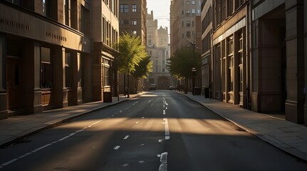 Quiet city street bathed in morning sunlight.generative.ai 