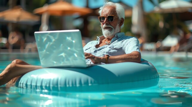 A senior man with a white beard relaxes in a pool on a blue inflatable ring while working on his laptop. - Powered by Adobe