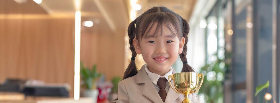 Asian girl in school uniform suit holds her gold trophy high, representing success and recognition in her academic endeavors.