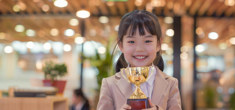 Asian girl in school uniform suit holds her gold trophy high, representing success and recognition in her academic endeavors.