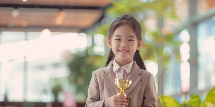 Asian girl in school uniform suit holds her gold trophy high, representing success and recognition in her academic endeavors.