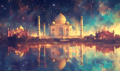 Night ancient arab city in desert, east architecture in oasis. Happy Independence Day of India,  Generative AI