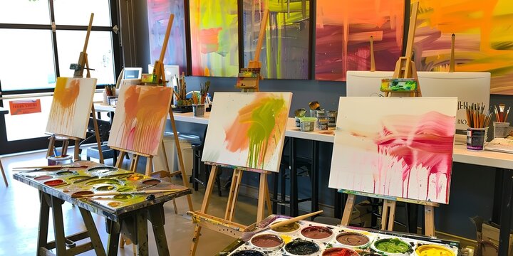 Artistic co-working studio, canvas zones, paint supplies, bright, vibrant lighting.