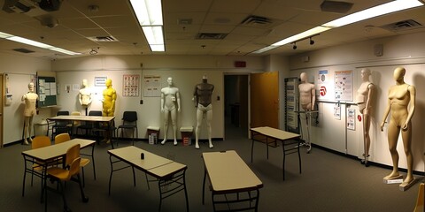 Health and safety training room, mannequins, instructional posters, clinical light. 