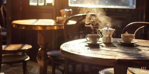 Fototapeta premium CafÃ© corner with rustic wooden table, steaming coffee cups, morning light filtering through.