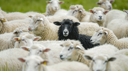 Single black sheep standing alone in the center of a flock of white sheep