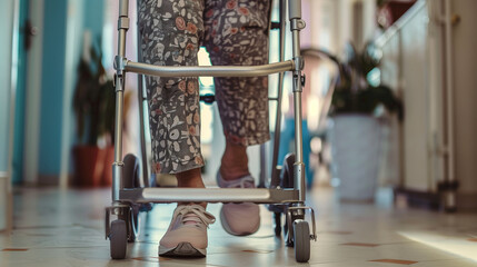 Close-up image showing the lower legs of a senior woman using a walker indoors, emphasizing mobility and independence.