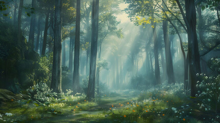 Sunlight Shining Through Forest Trees