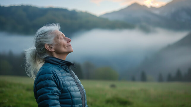 Senior woman enjoying a breathing exercise in a serene natural landscape, surrounded by mountains and fresh air. Promotes peace, mindfulness, and connection with nature.