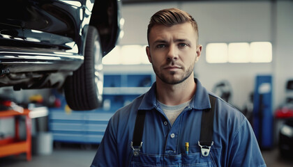 a male mechanic. The guy works in the garage. a man is repairing a car. the guy in the car repair shop. a male car mechanic