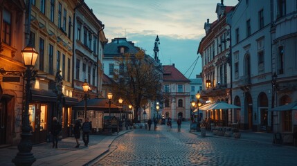 Twilight Ambiance in European Cobblestone Street with Vintage Architecture