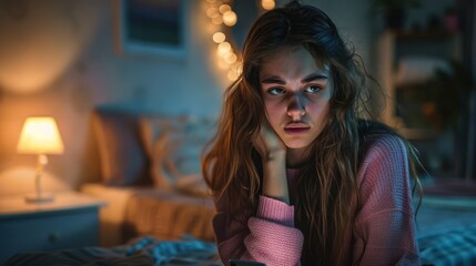 Fototapeta premium Portrait of a young woman sitting sadly waiting for a call in a bedroom, looking at a cell phone, sad face.