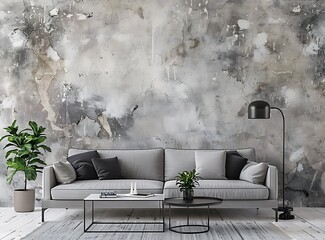 Modern interior of a living room with a grey sofa, coffee table and black lamp in the style of scandinavian