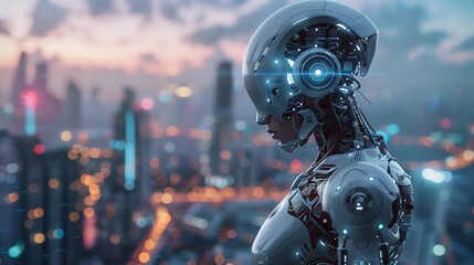 Fototapeta premium The image is a 3D rendering of a futuristic city. The city is full of tall buildings and skyscrapers, and there are flying cars and robots everywhere.