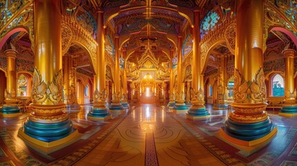 Obraz premium A stunning panorama of a golden temple surrounded by the vibrant colors of Thailand's landscape, the intricate details and ornate decorations of the temple's architecture adding to the visual appeal,