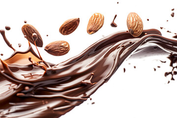 Almond nuts in chocolate wave isolated on white background. Tasty food concept.