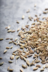A close-up of dried fennel scattered on a textured light gray surface, Indian Indonesian spice