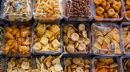 Packaged snacks high in trans fats, variety on display, top view, demonstrating unhealthy choices, digital tone, vivid