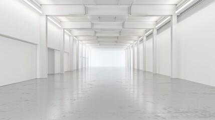 Obraz premium Minimalist white warehouse interior with an expansive, empty space and a pure white background, ideal for various setups