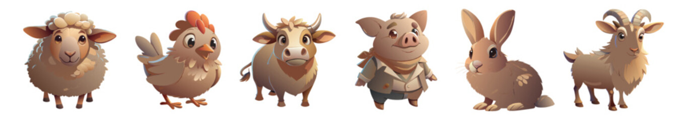A group of six adorable farm animals illustrated in a cute, cartoon style. The set includes a sheep, chicken, cow, pig, rabbit, and goat, each with friendly and playful expressions