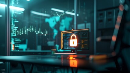 Obraz premium Cybersecurity Concept with Lock Icon on Computer Screen.