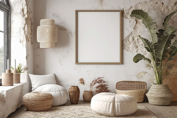 Mockup frame in a boho nomadic interior background with rural decorations