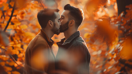 Couple sharing a kiss in autumn forest with vibrant orange leaves symbolizing love and unity