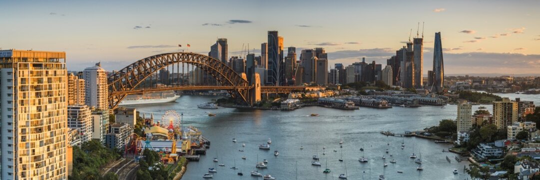 Skyline and Lavender bay panoramic at sunrise with Harbour bridge, Sydney, Australia