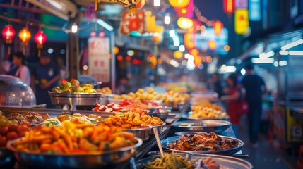 Vibrant Night Market Food Stalls with Colorful Lanterns.