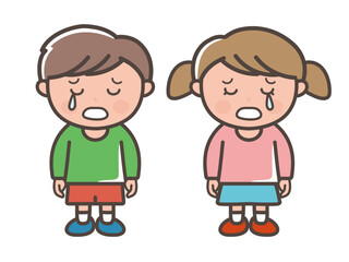 悲しくて泣く男の子と女の子の全身イラスト（小学生、幼児、子供）