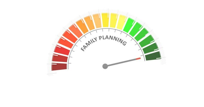Meter scale with arrow. Family planning measuring device display. Tachometer, speedometer or indicator. Infographic gauge element. Birth control concept.
