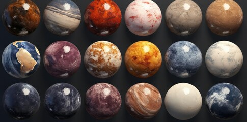 texture planets of the solar system displayed on a black background, accompanied by a variety of colorful balls and a white egg