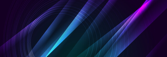 Obraz premium Purple blue glowing neon stripes with minimal circles abstract background. Vector digital banner art design