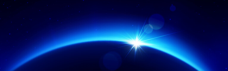 Bright light on dark planet horizon. Vector realistic illustration of blue space galaxy with starry night sky, sun shining behind earth, cosmos exploration game background, science fiction backdrop © klyaksun