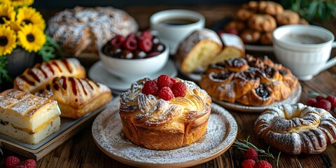 A cozy cafe table with a variety of delicious pastries displayed. Concept Food Photography, Cafe Scene, Delicious Treats