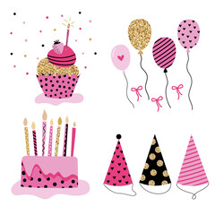 Bright birthday decorations big set. Collection of holiday decorations in simple flat style. Vector illustration.

