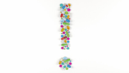 3d render of many colorful medicines and pills in the shape of a exclamation mark on a white background - health care concept.