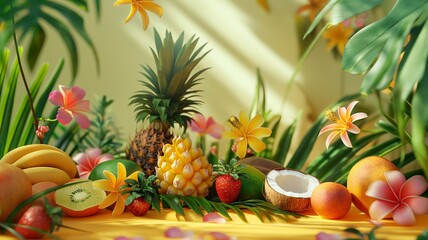 Vibrant tropical fruit arrangement with pineapple, mango, coconut and exotic flowers on sunny table, close-up background