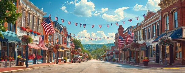 A smalltown main street decorated for Independence Day