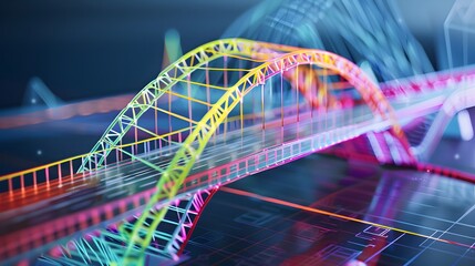 a detailed simulation of a bridge under stress, with colorful visualizations showing how different forces and vibrations impact its structural integrity, using finite element analysis