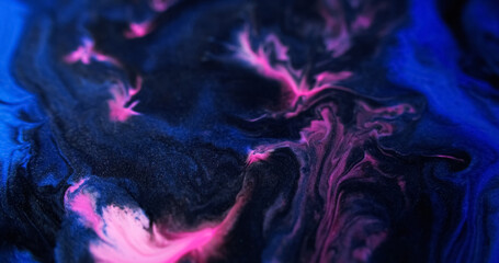 Wet marble. Ink blend. Blur blue pink black color shimmering particles texture liquid acrylic emulsion flow wave dark abstract art background.