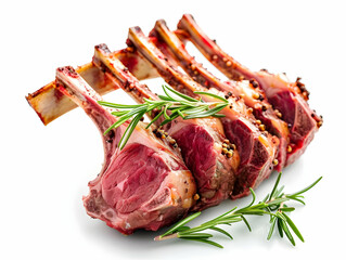 Close-up of perfectly cooked lamb chops seasoned with fresh rosemary, isolated on white background.