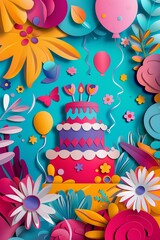 Fototapeta premium Vector paper cut design of a happy birthday scene featuring a colorful birthday cake, balloons, and flowers on a vibrant background