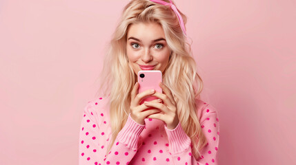 Social Media Influencer. Digital Identity. A person in a pink sweater with heart patterns holds a smartphone. Blonde blogger on a pink background.