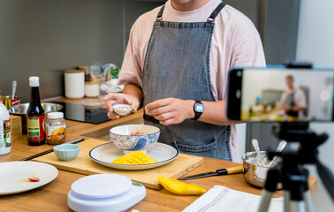 The chef is broadcasting live from workshop how to prepare a vegetarian food