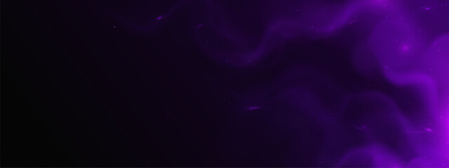 Dark background with purple smoke cloud and bright flying sparks. Realistic 3d vector illustration of black abstract bg with magic dust particle and fog. Magic wizard haze with glitter sparkle.
